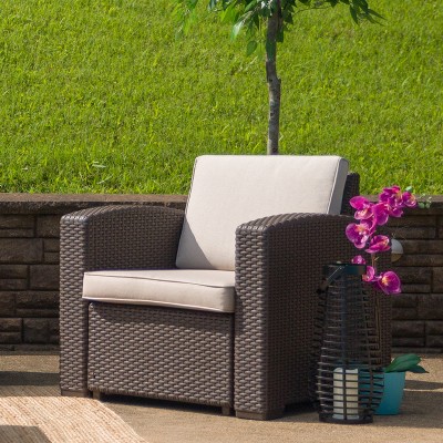 Chocolate Brown Faux Rattan Chair with Beige Cushions