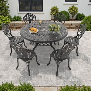 7-Piece Patio Set: Round Table & 6 Chairs - Cast Aluminum, All-Weather/Umbrella Hole & Adjustable Legs for Balcony/Backyard - 1 of 4