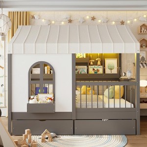 Polibi Full Size House Bed with Soft Tent Canopy, Bookshelf, Dual Drawers & USB Charging Ports - 1 of 4