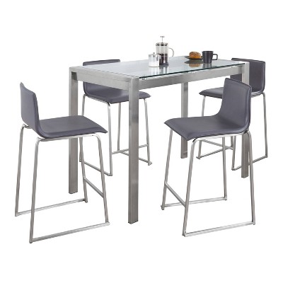 LumiSource 5pc Fuji Mara Counter Height Dining Set Stainless Steel Glass/PU Leather