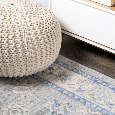 Light Gray and Blue Floral Synthetic Runner Rug