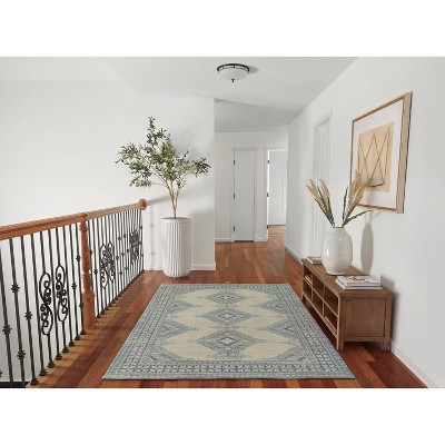 Ivory and Blue Medallion Wool Blend Runner Rug