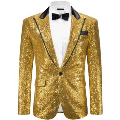 Lars Amadeus Men's Peak Lapel Disco Prom Wedding Party Tuxedo Sequin Blazer Golden X Large