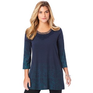 Roaman's Women's Plus Size V Neck Lace Print Ultra Femme Tee - 1 of 4