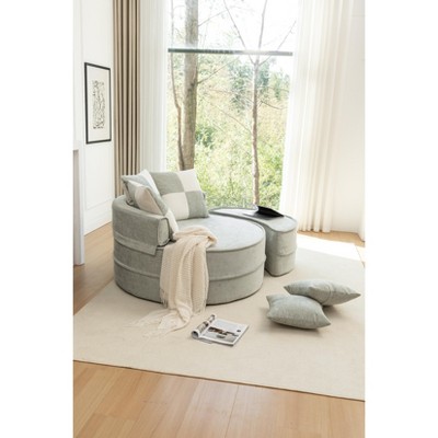 Grungis Round Chenille Single Sofa with Ottoman, Sleeper Accent Chair with 5 Pillows Soft Chenille Upholstered for Living Room
