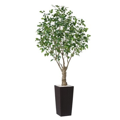 DR.Planzen UV Resistant 6-7FT Artificial Pre Potted Ficus Tree with White Tall Planter for Indoor Outdoor Office House Decor