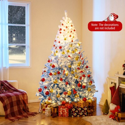 Costway 7 FT Artificial Christmas Tree with 350 Warm White LED Lights, 8 Lighting Modes & Folding Metal Stand White & Blue
