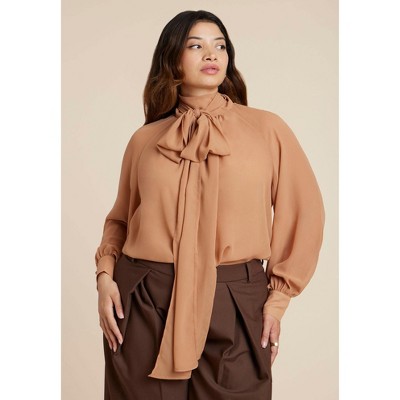 ELOQUII Sheer Neck Tie Blouse