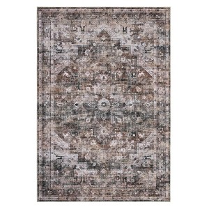 9 x 12 ft Polyester Blue Brown Rectangular Indoor Bedroom Living Room Floral Print Vintage Machine Washable Area Rug - 1 of 4