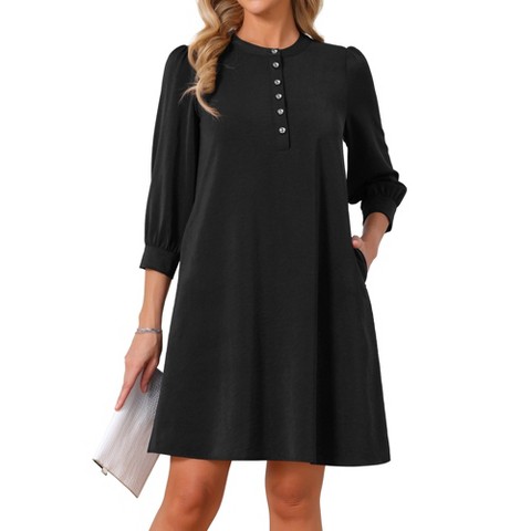 Женские платья INSPIRE CHIC Women's 3/4 Puff Sleeve Mini Dress Button Crewneck Elegant Casual Business Shift Dresses Medium Black