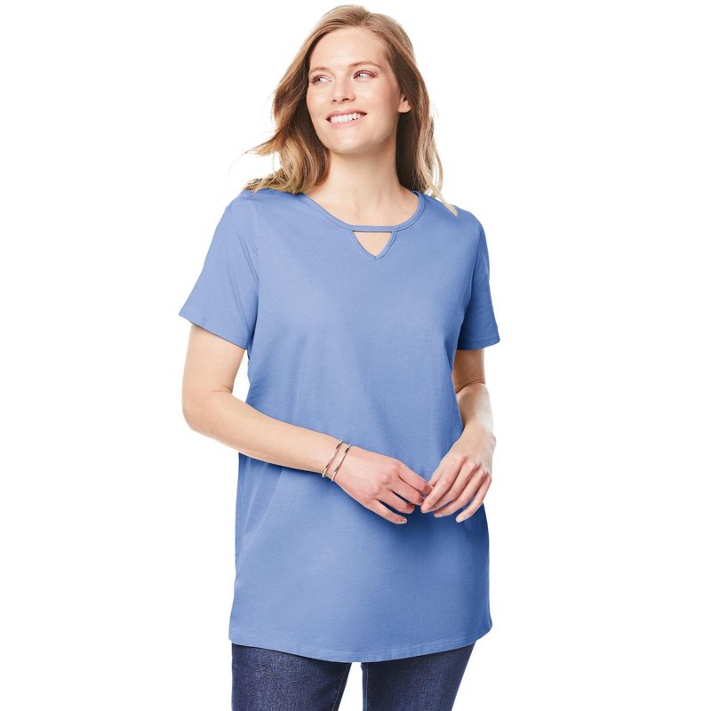 Woman Within Women's Plus Size Perfect Short-Sleeve Keyhole Tee, 1 of 2