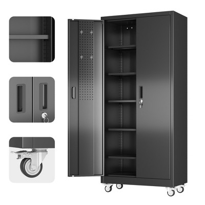 SUXXAN 72"H Metal Storage Cabinet with Wheels and Pegboard, 4 Adjustable Shelves and Lockable Door for Garage,Required Assembly