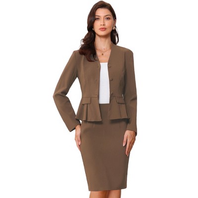 INSPIRE CHIC Women's Long Sleeve Collarless Peplum Blazer and Pencil Skirts Suit Set 2 Pcs