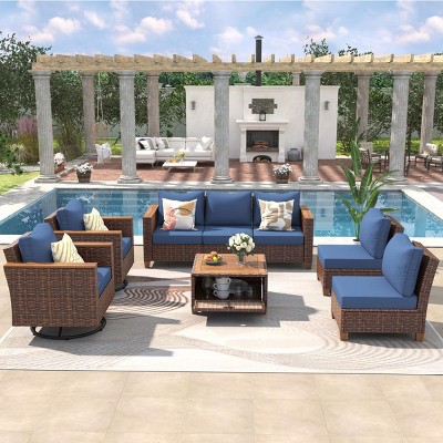 8-Piece Wicker Patio Conversation Set, 2 Rattan Swivel Rocking Chairs with Thick Cushions and Acacia Storage Table – Cuddlewood
