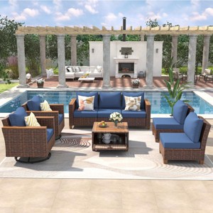 8-Piece Wicker Patio Conversation Set, 2 Rattan Swivel Rocking Chairs with Thick Cushions and Acacia Storage Table – Cuddlewood - 1 of 4