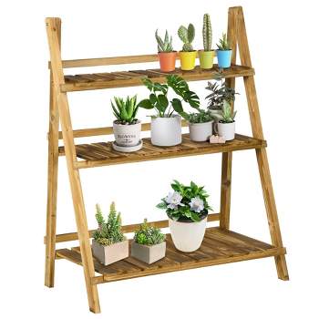 Outsunny Outdoor Plant Stand, Foldable Flower Stand 3-Tier Wooden Plant Shelf for Garden Indoor Outdoor