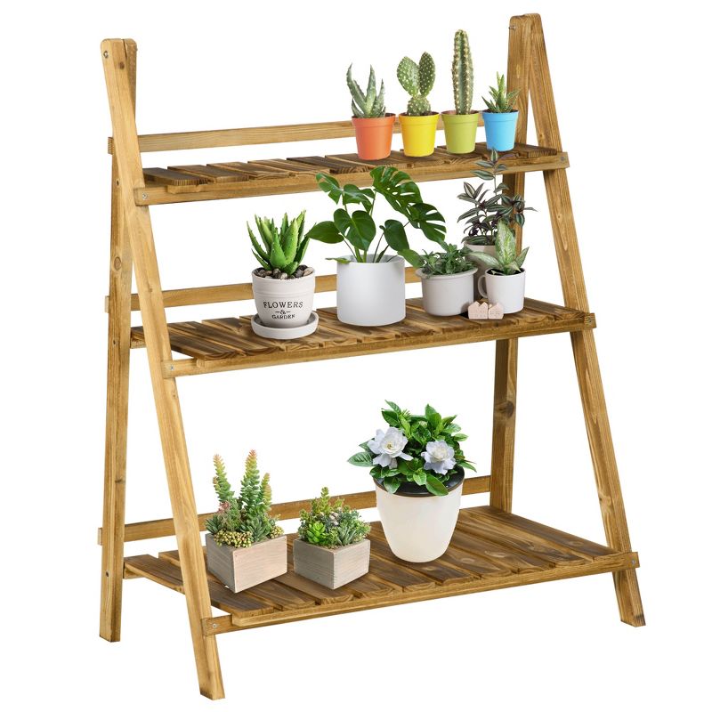 Outsunny Outdoor Plant Stand, Foldable Flower Stand 3-Tier Wooden Plant Shelf for Garden Indoor Outdoor, 1 of 7