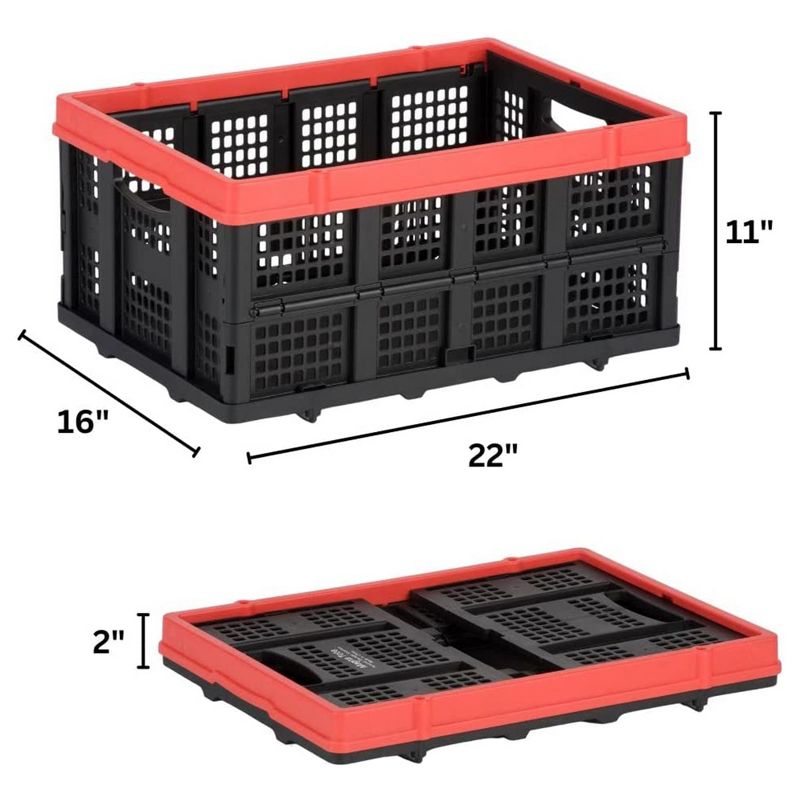 Magna Cart Tote 22" x 16" x 11" Lightweight Collapsible and Stackable Plastic Storage Crate for Home Offices and Garages, Black/Red (2 Pack), 3 of 7