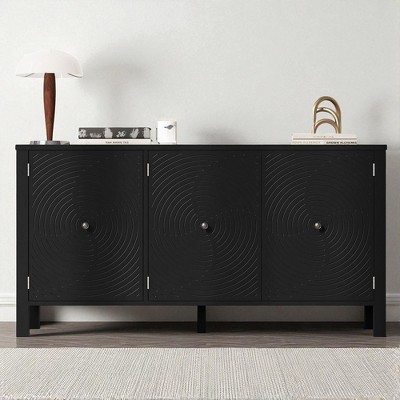 3-Door Sideboard with Swirl Patterned MDF Doors, Adjustable Shelves, Central Support Leg and Retro Metal Handles for Kitchen, or Dining Room