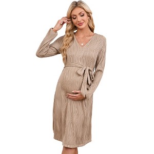 Clearlove 2025 Fall Rib Knit Maternity Nursing Dress Knot Side Long Sleeve V Neck Bodycon Wrap Pregnancy Dresses - 1 of 4