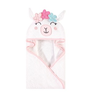 Hudson Baby Infant Girl Cotton Polyester Animal Face Hooded Towel, Flower Llama, One Size - 1 of 2