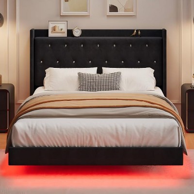 Bed Frame with Storage Shelves, Modern Upholstered Headboard, Heavy Duty Metal Slats, No Box Spring Needed, Noise Free