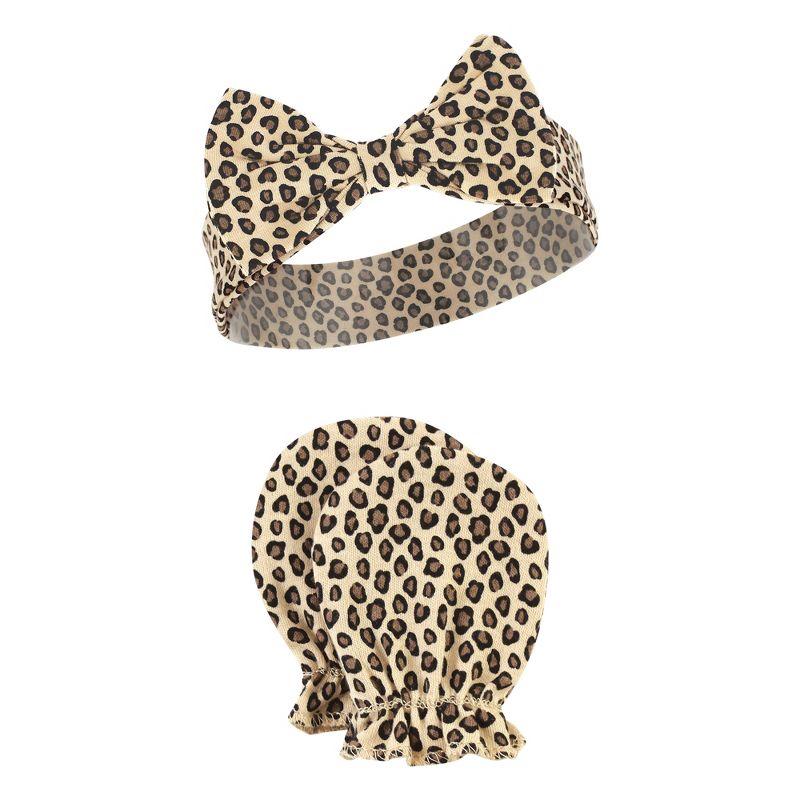 Hudson Baby Infant Girl Cotton Headband and Scratch Mitten Set, Buffalo Plaid Leopard, 0-6 Months, 4 of 6
