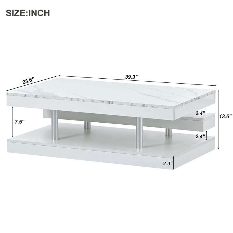 Modern 2-Tier Coffee Table with Silver Metal Legs, Rectangle Cocktail Table with High-gloss UV Surface-ModernLuxe, 3 of 15