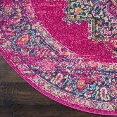 Bohemian Bliss Blue Floral Round Synthetic Easy-Care Rug, 5'3"