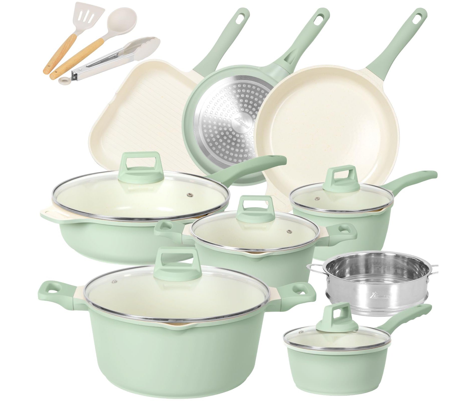 Romswi Cast Aluminum Kitchen Pots and Pans Set, 23pc Ceramic Nonstick Cookware with Utensils, Induction Compatible, Oven & Dishwasher Safe