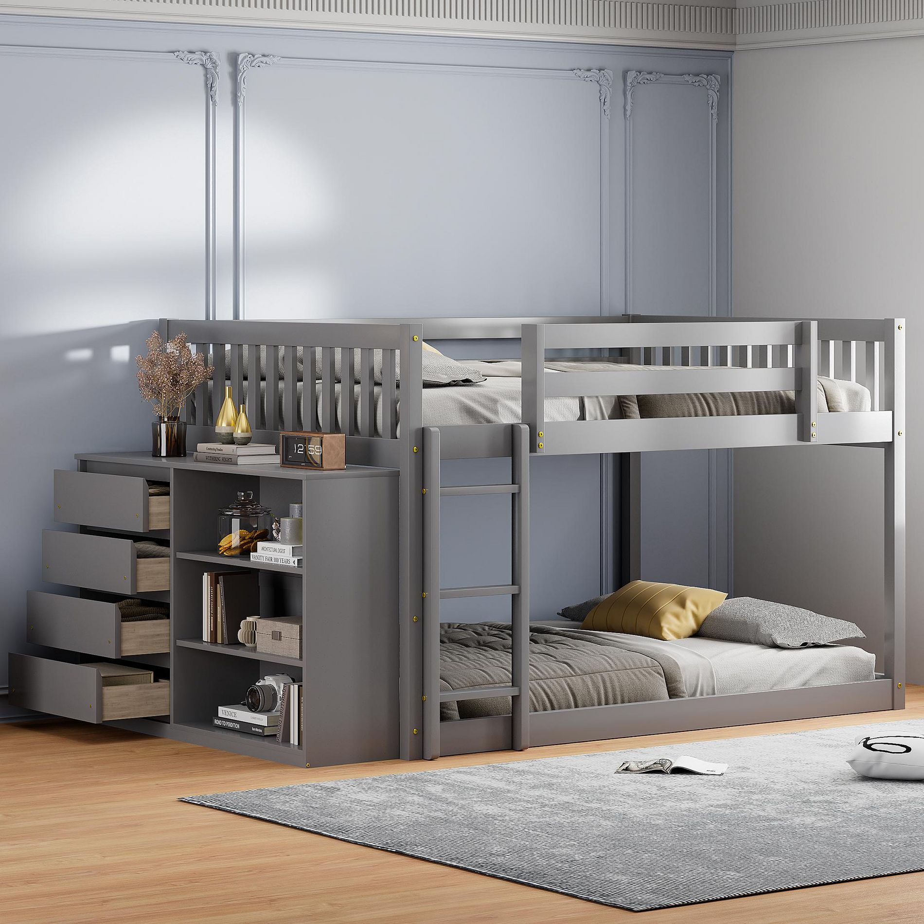 Full over Full Bunk Bed with 4 Drawers and 3 Shelves, Gray 4N - ModernLuxe