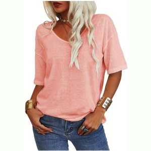 Imily Bela Women's Casual V Neck Half Sleeve Oversized T Shirt Solid Color Basic Top - 1 of 4