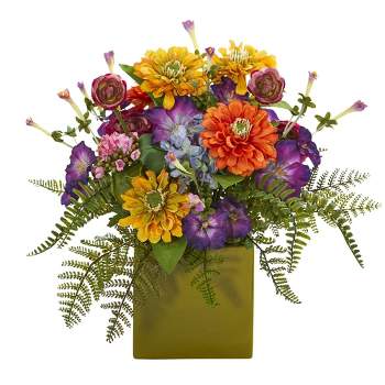 Nearly Natural 14-in Mixed Floral Artificial Arrangement in Green Vase