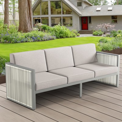 POCASSY Outdoor Round Wicker Patio Couch, Luxury High Back 3-Seater Sofa with Trapezoidal Back Cushion for Porch Garden Pool, Light Gray