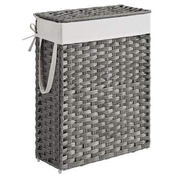 SONGMICS Slim Laundry Hamper with Lid, Rattan Clothes Laundry Basket with Lid and Handles, Foldable, Removable Liner