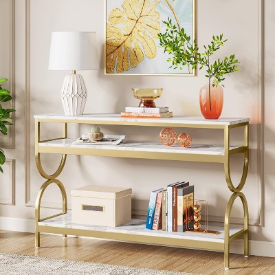 White and Gold Faux Marble 55" Console Table with Storage Shelves
