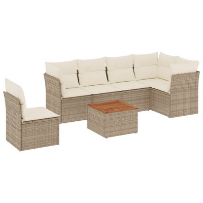 vidaXL 7 Piece Patio Sofa Set with Cushions Beige Poly Rattan - 3x Middle + Table + 3x Corner