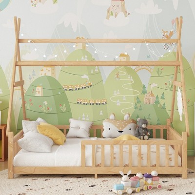Twin/Full House Bed with LED Light, Low Floor Kids Bed with Fence & Roof - ModernLuxe