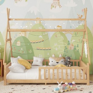 Twin/Full House Bed with LED Light, Low Floor Kids Bed with Fence & Roof - ModernLuxe - 1 of 4
