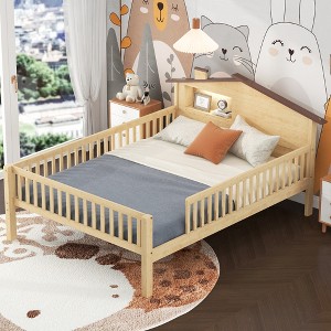 ALEXOUN Kids Bed Frame,Solid Wood Bed with Guardrails & House-Shaped Headboard,Built-in Storage Shelf,No Box Spring Needed - 1 of 4