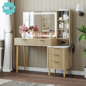 Jojoka Makeup Vanity Desk with LED Mirror & Lights ¨C Modern Glass Top Dressing Table with 5 Drawers, 3 Storage Shelves & Built-In Charging Station - 1 of 4