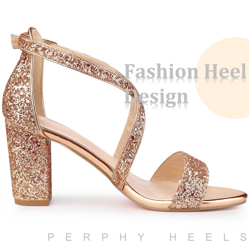 Perphy Women's Glitter Open Toe Criss Cross Strap Chunky Heel Sandals, 4 of 5
