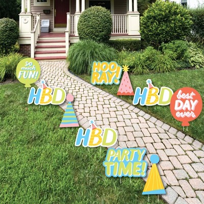 Big Dot of Happiness Party Time - Hats and Balloons Lawn Decorations - Outdoor Happy Birthday Party Yard Decorations - 10 Piece