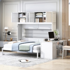 Queen Size Wall Murphy Bed Multifunctional Foldable Platform Bedframe with Desk, Storage Shelves and Big Cabinets, White/Gray-ModernLuxe - 1 of 4