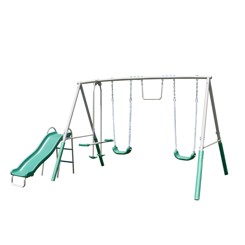 The Swing Company Yonkers Metal Swing Set with Glide Ride Trapeze Bar and 5' Slide