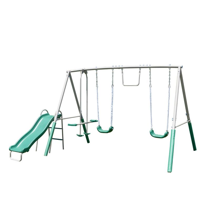 The Swing Company Yonkers Metal Swing Set with Glide Ride Trapeze Bar and 5&#39; Slide, 1 of 12