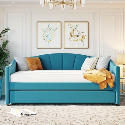 Twin Size Upholstered Daybed with Pull-Out Trundle, Velvet Sofa Bed with Sturdy Wooden Slats-Baofuwish