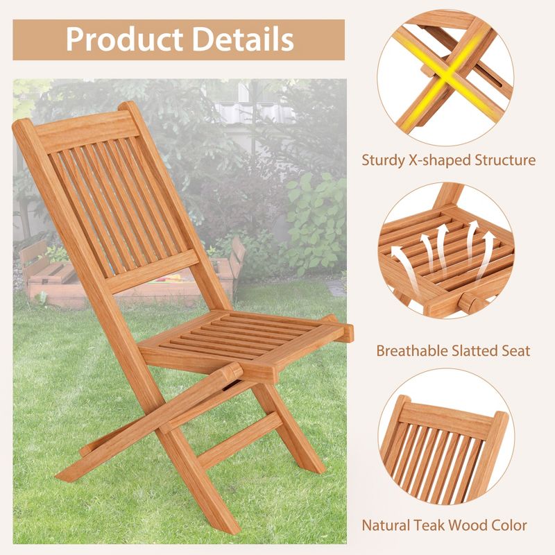 Tangkula Set of 2 Teak Wood Outdoor Chair Folding Portable Patio Chair w/ Slatted Seat & Back, 5 of 8