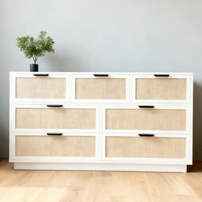 Rattan 7 Drawer Dresser, 55in Wide White 7 Chest of Drawers with Metal Handles and Wooden Sturdy Base for Bedroom Living Room Nursery Closet