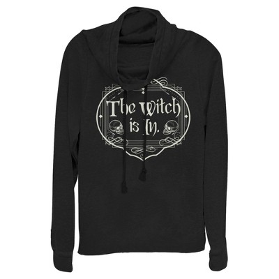 Juniors Womens Lost Gods Halloween The Witch Is In Skulls Cowl Neck Sweatshirt